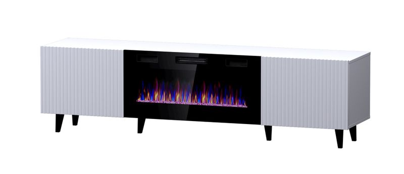 Komodë TV Bed Meble Pafos EF me oxhak elektrik, 180x42x49 cm, chipboard MDF, e bardhë mat
