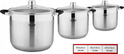 Set tenxhere inoksi Zilner ZL-7361, 3 copë, 5.6L 7.2L 9L, argjendtë