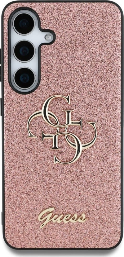 Mbulesë telefoni Guess Fixed Glitter Big 4G Metal Logo për Samsung Galaxy S25, rozë