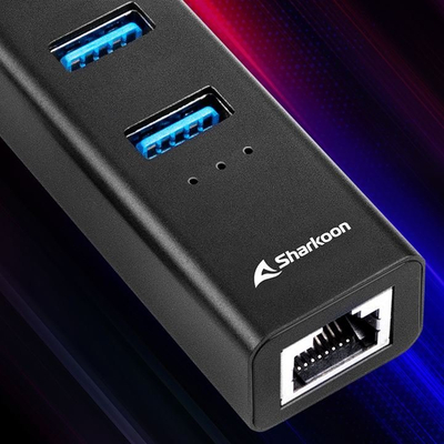Hub USB Sharkoon me 3 porta USB 3.2 Gen 1, RJ45, me Type C, i zi