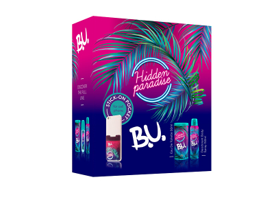 Set B.U Hidden Paradise,  EDT 50 ml + deodorant sprej + ngjitës celulari