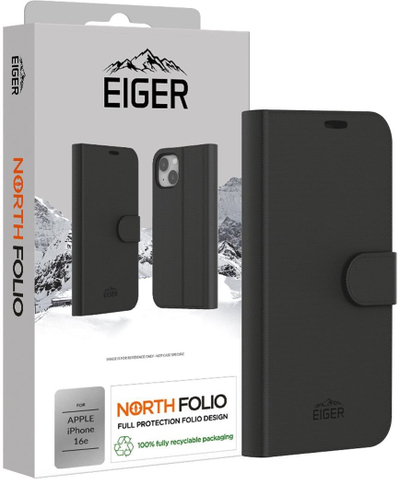 Kapak portofol Eiger North Folio për iPhone 16e, mbrojtës smartphone, i zi