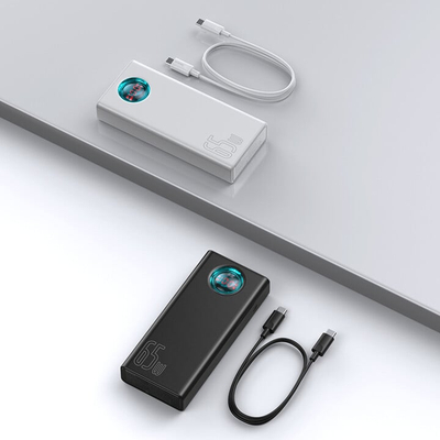 Powerbank me ekran dixhital Baseus Ambilight Overseas Edition, 30000mAh, QC, i zi + kabllo USB-C 65W, 1m, i bardhë