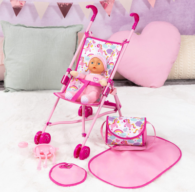 Karrocë lodër për kukulla Bayer Design Buggy Umbrella, për kukulla 46 cm, e palosshme, rozë unicorn