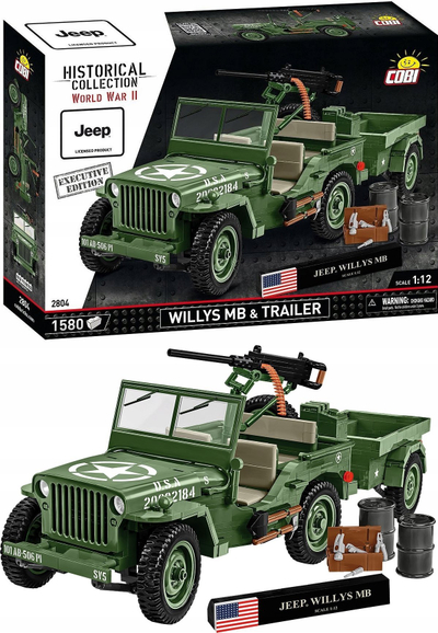Set ndërtimi COBI Willys MB me rimorkio Executive Edition 2804, 1:12, 1580 copa, jeshile ushtarake