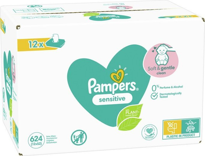Peceta të lagura për bebe Pampers Sensitive, 12x52 copë, pa erë