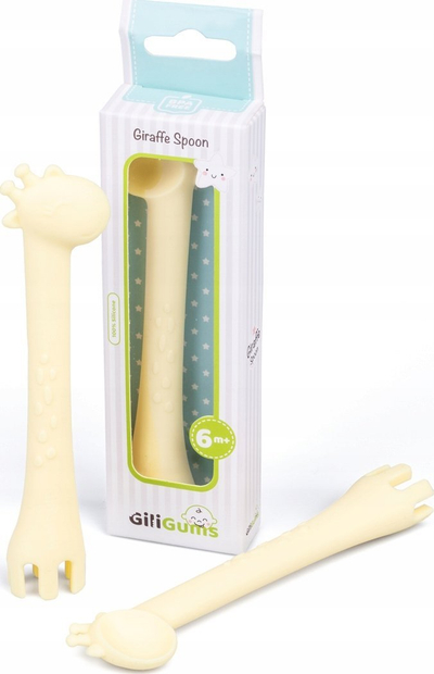 Set lugë dhe pirun për kalamaj Gili Gums, silikon, ngjyrë e bardhë ecru