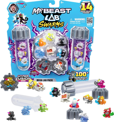 Set lodrash koleksionuese MrBeast Lab Swarms Hyper Fusion Series, 14 figura Micro Beasts, 14 stikera koleksionuese, shumëngjyrëshe