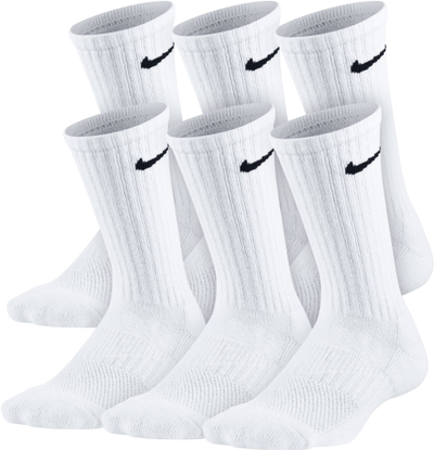 Тренинг чорапи Nike Performance Crew за момчиња, 6 пара, со влошка, бели