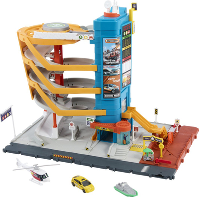 Set lojërash Mattel Matchbox Action Drivers Transport Center, 3 automjete, me parking shumëkatësh, shumëngjyrësh