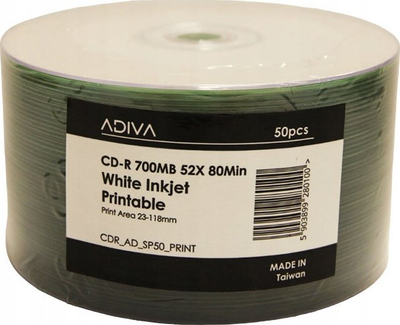 Disqe CD R Adiva, 700MB, 52x, 50 copë, të bardha për printim