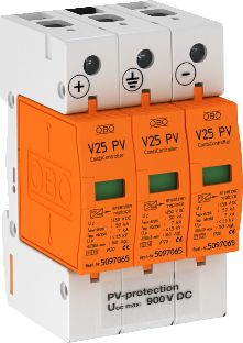 Mbrojtës i kombinuar për PV OBO Bettermann V25, 900V DC, për shinë DIN, portokalli