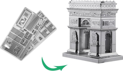 Puzzle 3D metalik Piececool Arc de Triomphe, model arkitekture, argjendtë