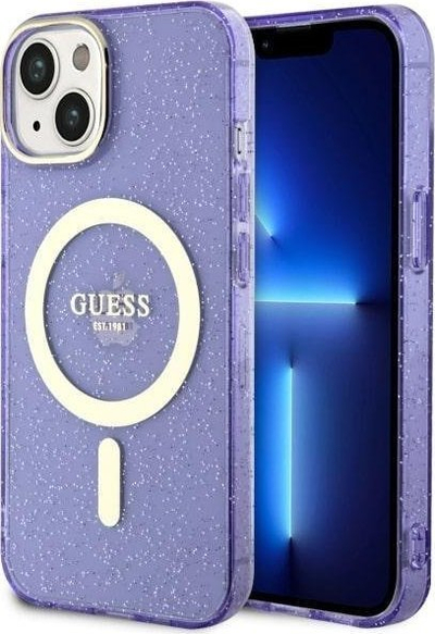Mbulesë telefoni Guess Glitter Gold MagSafe, për iPhone 14, me shkëlqim, lejla