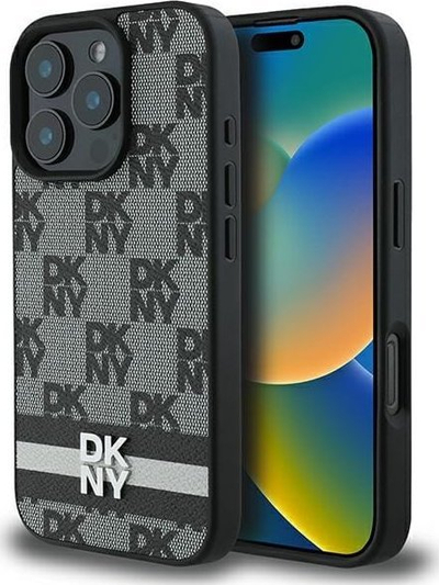 Kapak telefoni DKNY PU Leather Checkered për iPhone 16 Pro Max, me vija, i zi