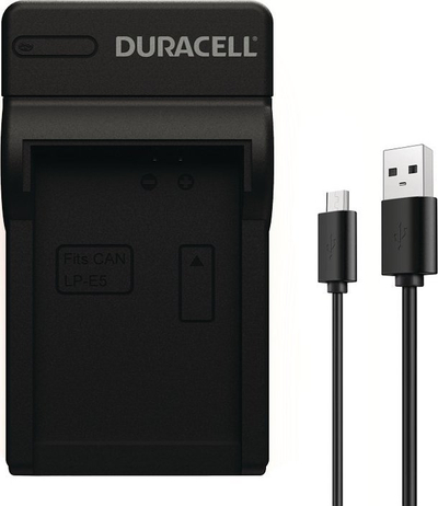 Karikues për kamera Duracell DRC5906, me kabllo USB, për bateri DR9925 Canon LP-E5, i zi