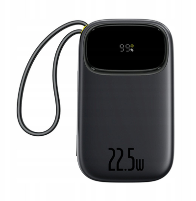 Power bank Baseus PPBD, 10000 mAh, 22.5 W, me kabllo USB C dhe Lightning të integruara