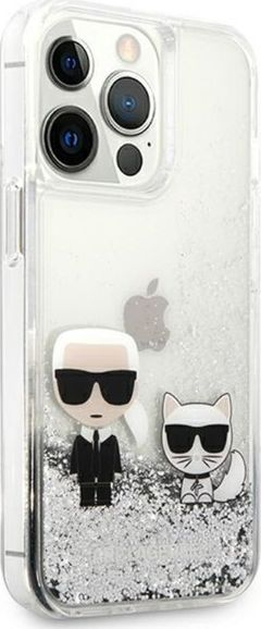 Kapak telefoni Karl Lagerfeld Liquid Glitter Karl and Choupette për iPhone 13 Pro Max, transparent, argjend