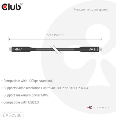 Kабел USB C Club 3D CAC-25xx, 15 m, 8K 60W, USB 3.2 Gen 2, црн