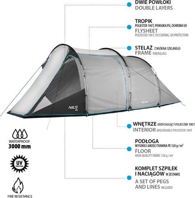Çadër kampingu Nils Camp NC6023 Skyland, për 4 veta, e papërshkueshme nga uji, gri