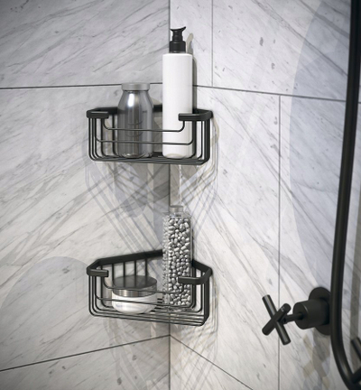 Shportë dushi qoshe GEDY Corner Shower Basket, çelik inox, 20cm, e zezë