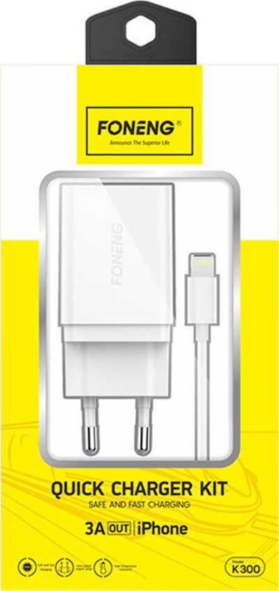 Karikues muri Foneng K300, 1xUSB 3A, me kabllo USB Lightning, i bardhë