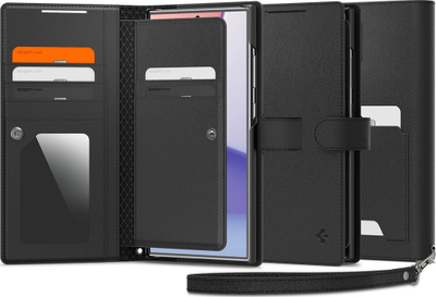 Këllëf portofol Spigen Wallet S Plus për Galaxy S24 Ultra, lëkurë PU, me lanyard, i zi
