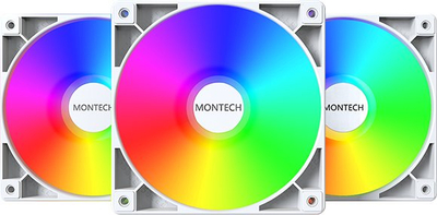 Ventilatorë kase Montech GF120 ARGB PWM, set me 3 copë 120mm, me fan hub, të bardhë