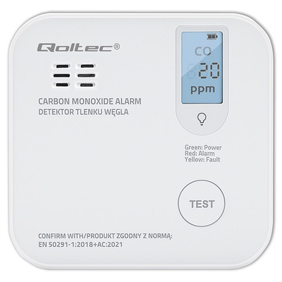 Detektor monoksidi karboni Qoltec, me bateri, alarm 85dB, i bardhë