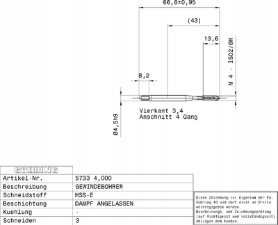 Çekiç filetimi Guhring 5733, M4 x 0.7, HSS kobalt, përfundim oxide, i zi