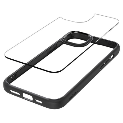 Kuti telefoni Spigen Crystal Hybrid për iPhone 15 Plus, mbrapa e tejdukshme, kornizë mbrojtëse, e zezë matte