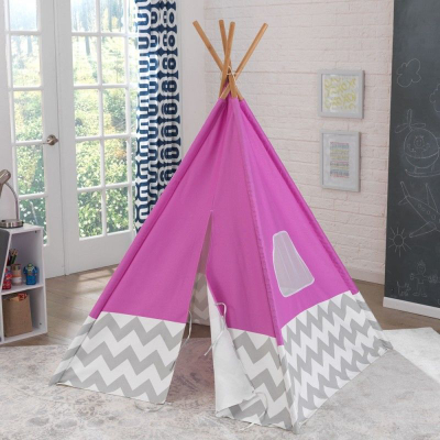 Çadër loje për kalamaj KidKraft Deluxe Play Teepee, me bambu, motiv chevron, rozë gri e bardhë