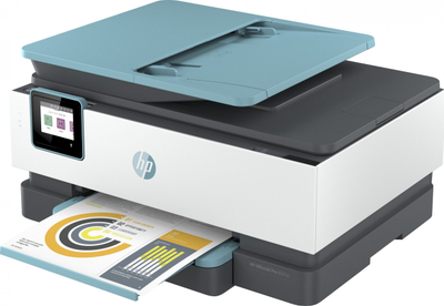 Printer multifunksion HP OfficeJet Pro 8025e, me ngjyra, Wi‑Fi, i bardhë blu