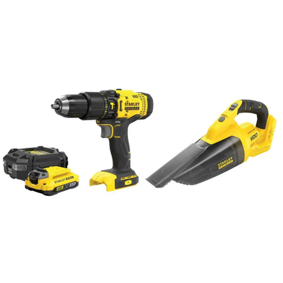 Set trapano goditës dhe fshesë dore Stanley Fatmax SFMCK219D1, 18V, me bateri 2Ah, i verdhë