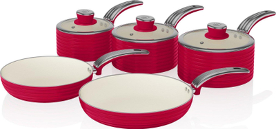 Set tenxheresh Swan Retro 5 copë, qeramike jo ngjitëse, për induksion, e kuqe