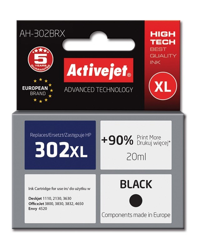 Ngjyrë për printer Activejet AH-302BRX (zëvendësim për HP 302XL F6U68AE), 20 ml, e zezë