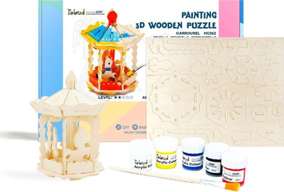Puzzle druri 3D për lyerje Nice-idea Karusel, set kreativ, me bojëra akrilike, shumëngjyrësh