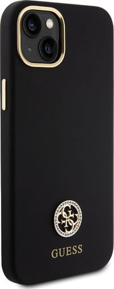 Футрола за телефон Guess Silicone Logo Strass 4G за iPhone 15 Plus 14 Plus, силикон, црна