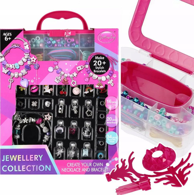 Set lodrash bizhuteri Mega Creative Jewellery Collection, për byzylykë edhe varse, me kuti, rozë