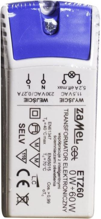 Transformator elektronik Zamel ETZ60, 230V në 11.5V, 0-60W, i bardhë