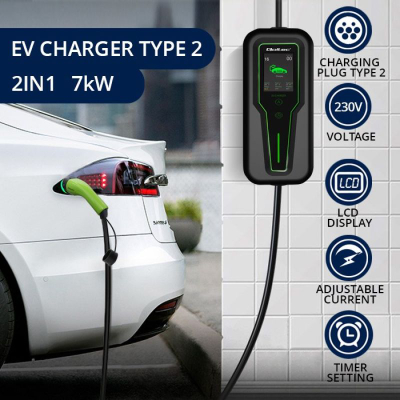 Karikues portabël Qoltec EV, Type 2, 7kW, kabllo 5m, i zi me të gjelbër