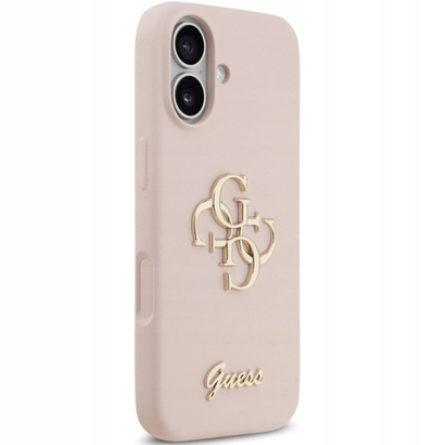 Këllëf telefoni Guess 4G Silicone Script Big Metal Logo, për iPhone 17, silikoni, rozë