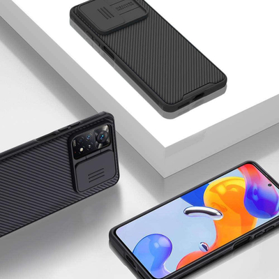 Mbrojtëse telefoni për Xiaomi Redmi Note 11, me kapak kamere, antirrëshqitëse, ngjyrë e zezë