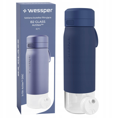 Shishe qelqi Wessper B2 Actitex, 700 ml, filtër uji, pa BPA, blu