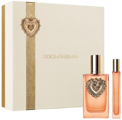 Set parfum për femra Dolce & Gabbana Devotion Eau De Parfum Intense, 100ml, spray udhëtimi 10ml, ngjyrë e artë