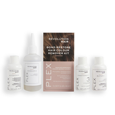 Set për heqjen e ngjyrës së flokëve Revolution Haircare Hair Color (Remover Kit) - aktivizues 60 ml + tretës 60 ml + zbutës 60 ml + balsam 60 ml
