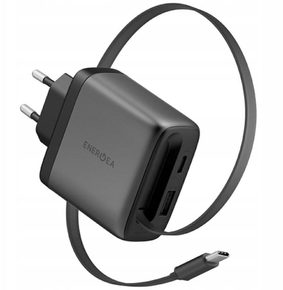 Karikues muri Energea Ampcharge Arc 65 GaN, 65W, me kabllo USB‑C t’rheqëse, gri metalik