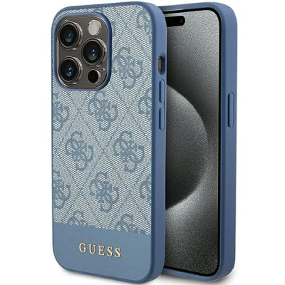 Mbrojtëse telefoni Guess 4G Bottom Stripe për iPhone 15 Pro, logo metal, blu