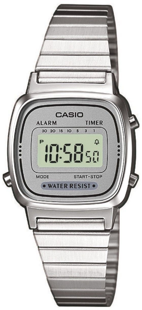 Orë dixhitale Casio Vintage LA670WEA 7EF, çelik inox, rezistente ndaj ujit, argjendtë