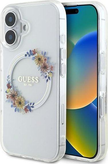 Mbulesë telefoni Guess IML Flowers Wreath për iPhone 16 Plus 6.7", MagSafe, transparente